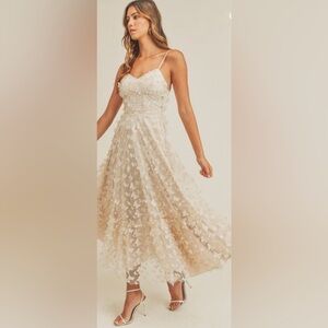 NWT Thirty/Thirty LA Butterfly Mesh Lace Up Midi Dress - Cream. Size Small